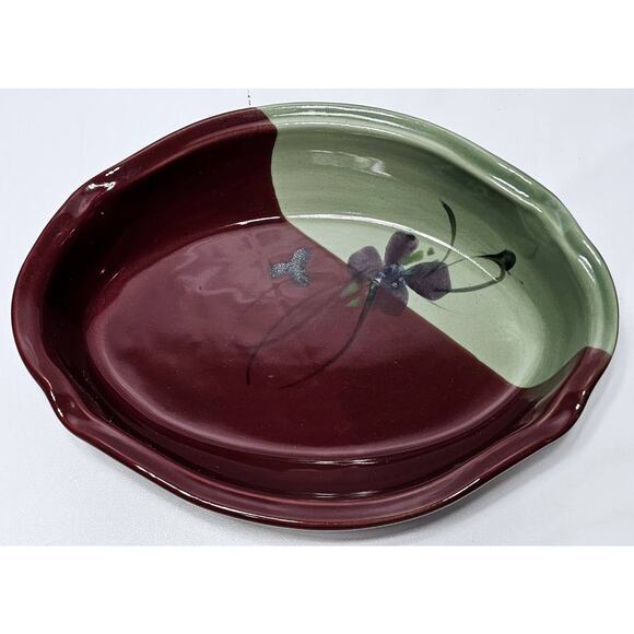 KENT FOLLETTE Pottery Oval Casserole/Serving Dish Cranberry/Green EUC - Picture 10 of 10